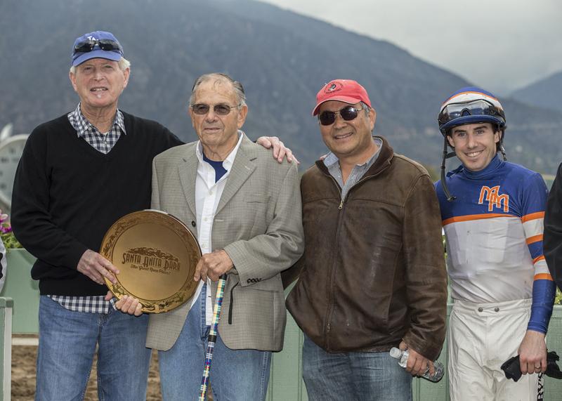 Left to right: owner Nick Alexander, Bill Spawr, trainer Steve Miyadi, jockey Joe Talamo. (BENOIT photo)